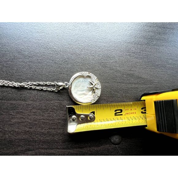 Long necklace with mother of pearl and crystal stones pendant, silver color - Picture 6 of 8